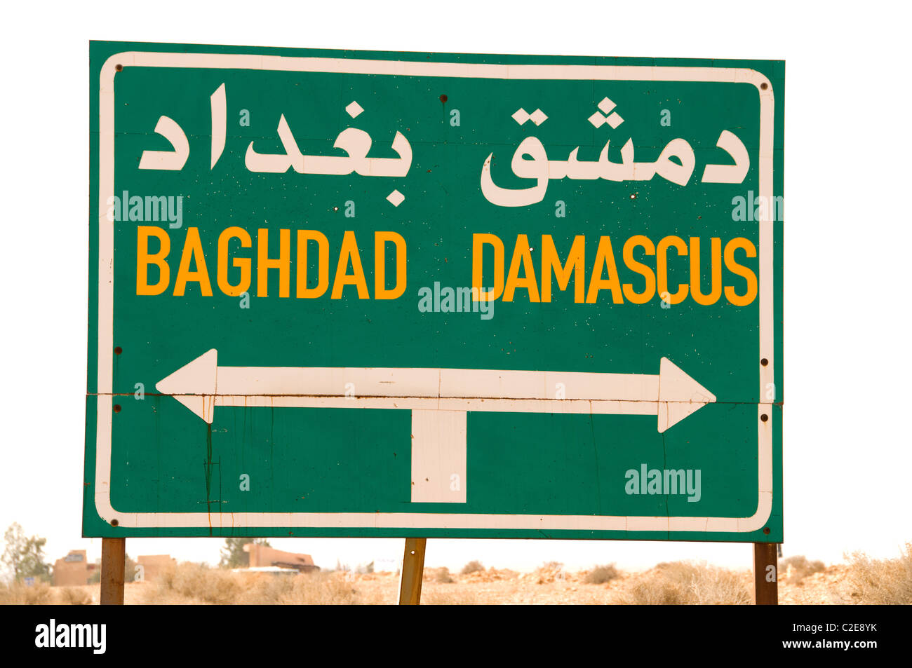 Damascus Bagdad Iraq Syria Road traffic Sign Stock Photo