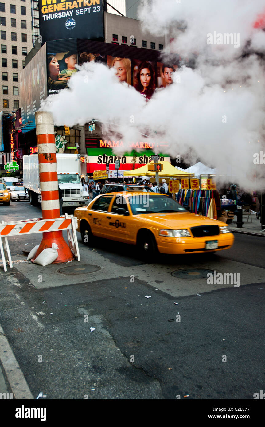 Red and white street steam chimney is part of Manhattan steam heating