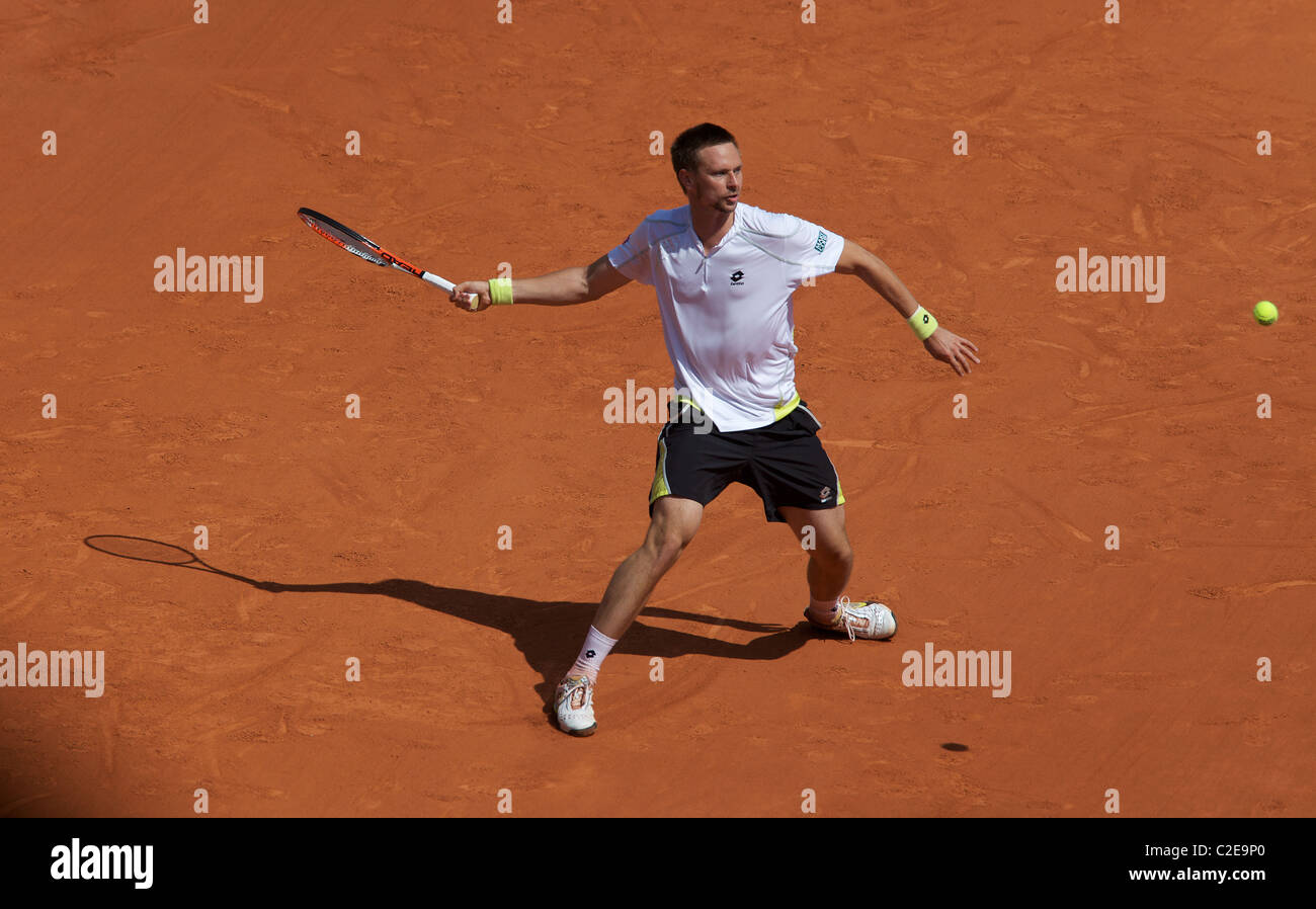 Robin Soderling, Sweden, in action at the French Open Tennis Tournament at Roland Garros, Paris, France. Stock Photo