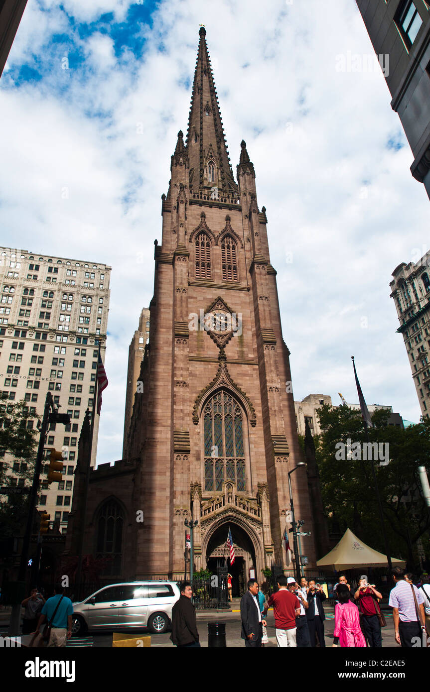 Gothic revival style Trinity Church at Broadway, Wall Street, Lower Manhattan, New York City, USA Stock Photo