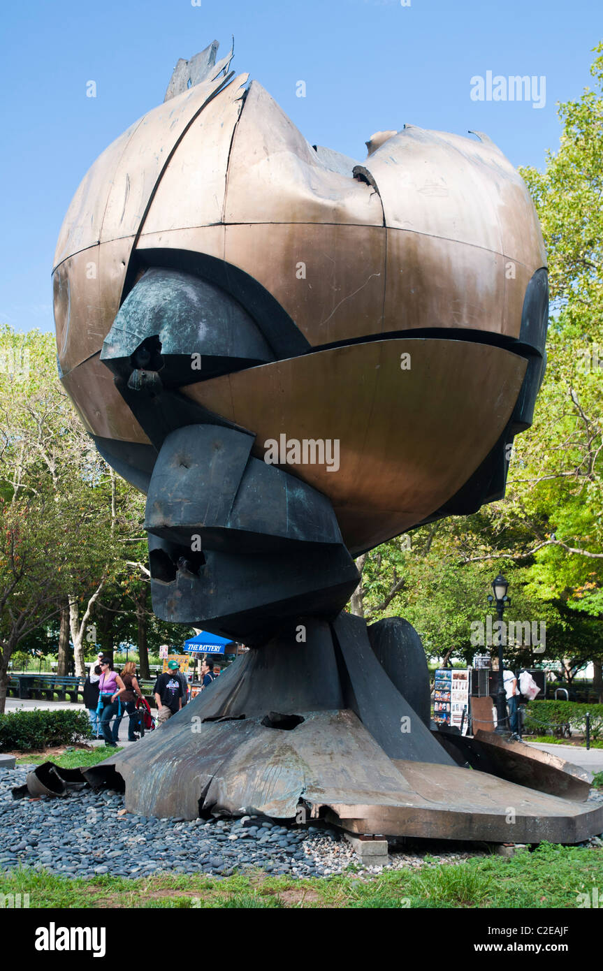 The Sphere 9/11 memorial, destroyed monument during Setember 11 2001 terrorist attack in Battery Park, Manhattan, New York City Stock Photo