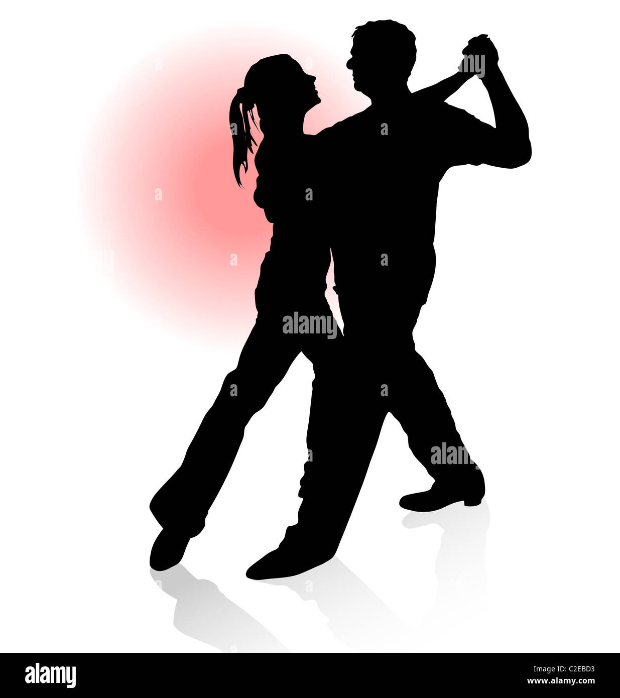 Vector silhouette of couple dancing tango with red sun on background. Stock Photo