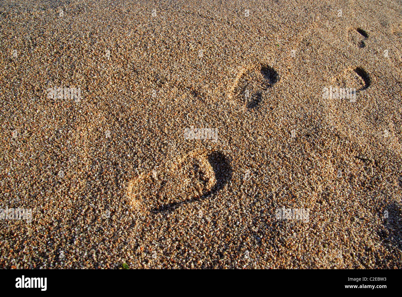 Foot prints on the mediterranean beach. Sunset time. As backdrop or background. Stock Photo