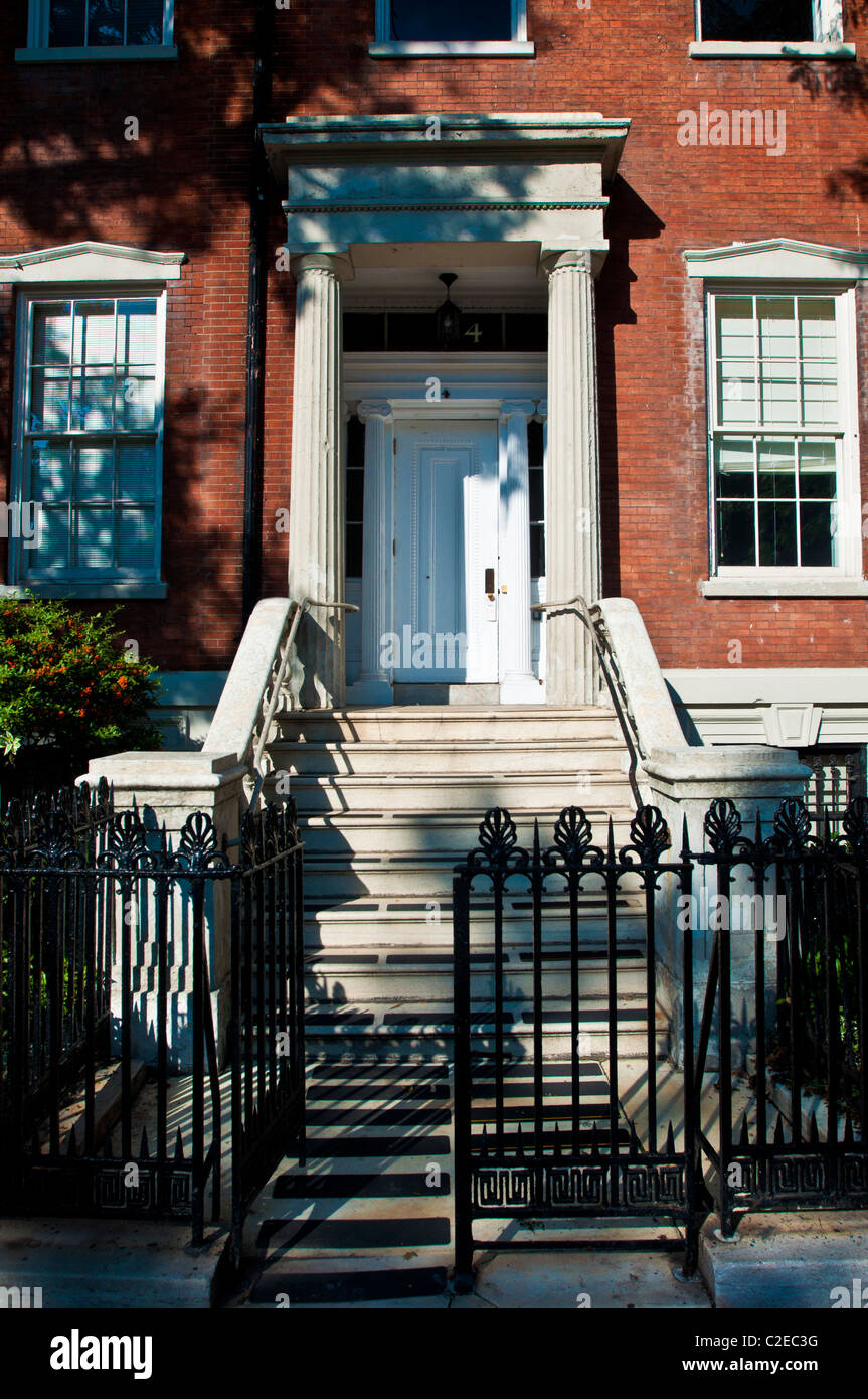 The Row of Greek Revival townhouses with stone stairs at Washington Square North, Greenwich Village, Manhattan, New York City Stock Photo