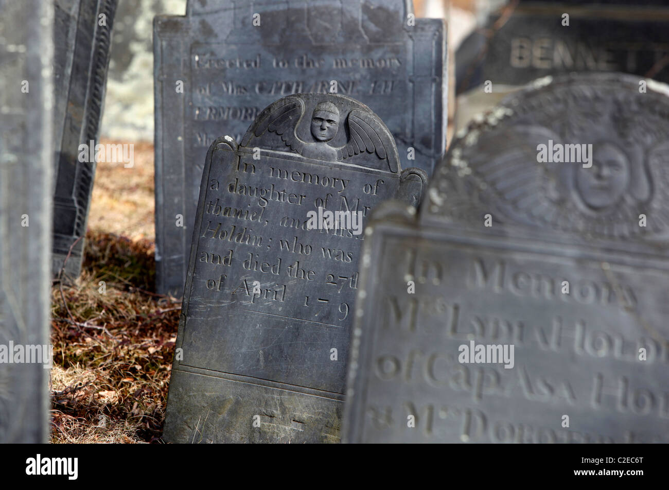Grave stones from around the time of the American Revolution at a cemetery in Shirley, Massachusetts Stock Photo