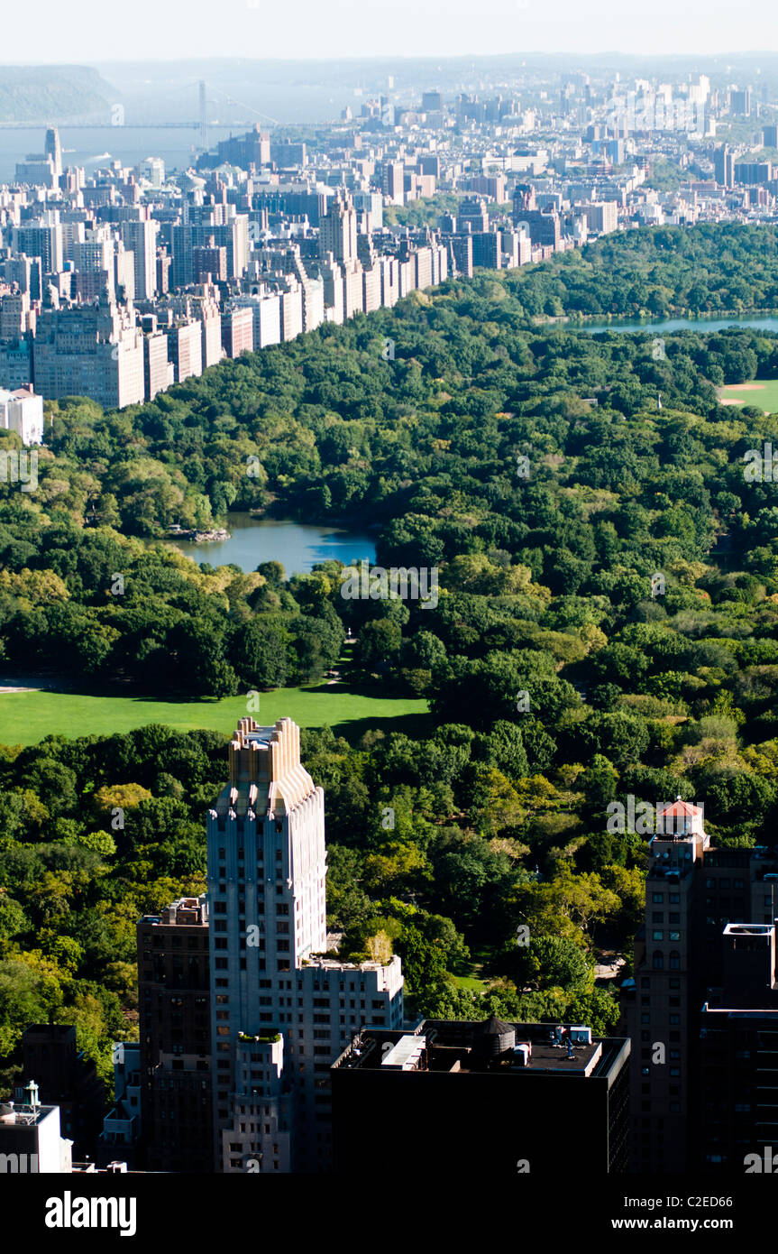Aerial view of Central Park Upper West Side buildings seen from Rockefeller Center observation desk, Manhattan, New York City Stock Photo