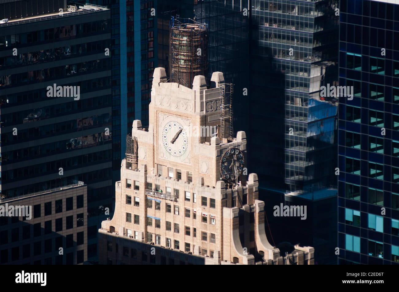 Paramount Theater or Paramount Building with clock on Time Square seen from Rockefeller Center Top of The Rock, Manhattan, NYC Stock Photo
