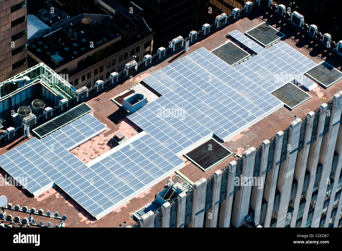 Aerial view of solar panels on the top of Manhattan building, New York