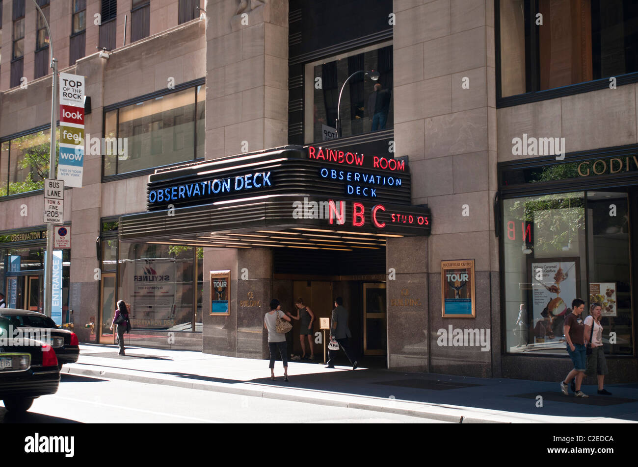 detail Bloodstained sirene Entrance to NBC Studios, Top of The Rock Observation Deck and Rainbow Room  historic restaurant, Rockefeller Center, Manhattan Stock Photo - Alamy