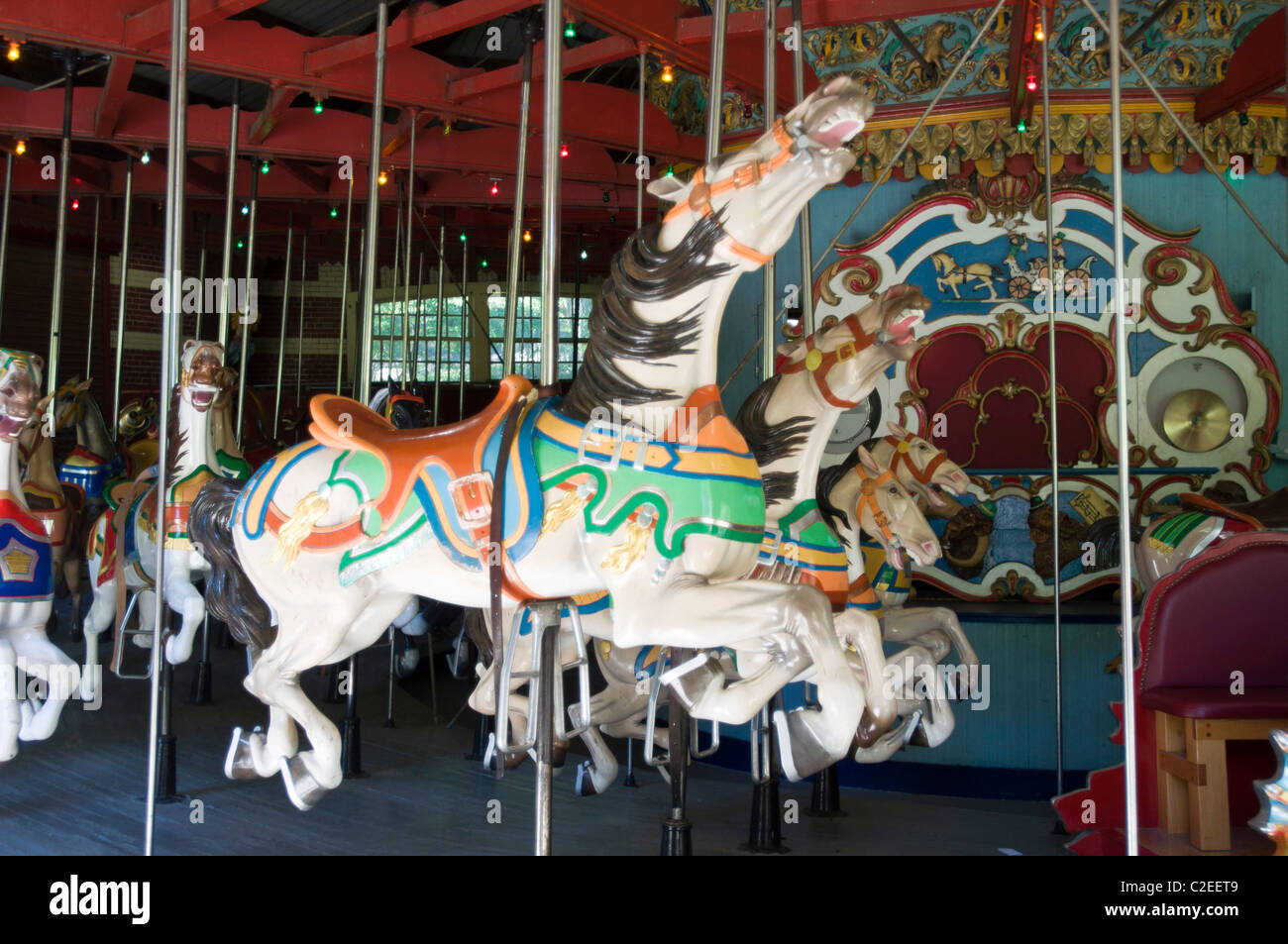 Hourses at Carousel in Central Park, Manhattan, New York City, USA Stock Photo