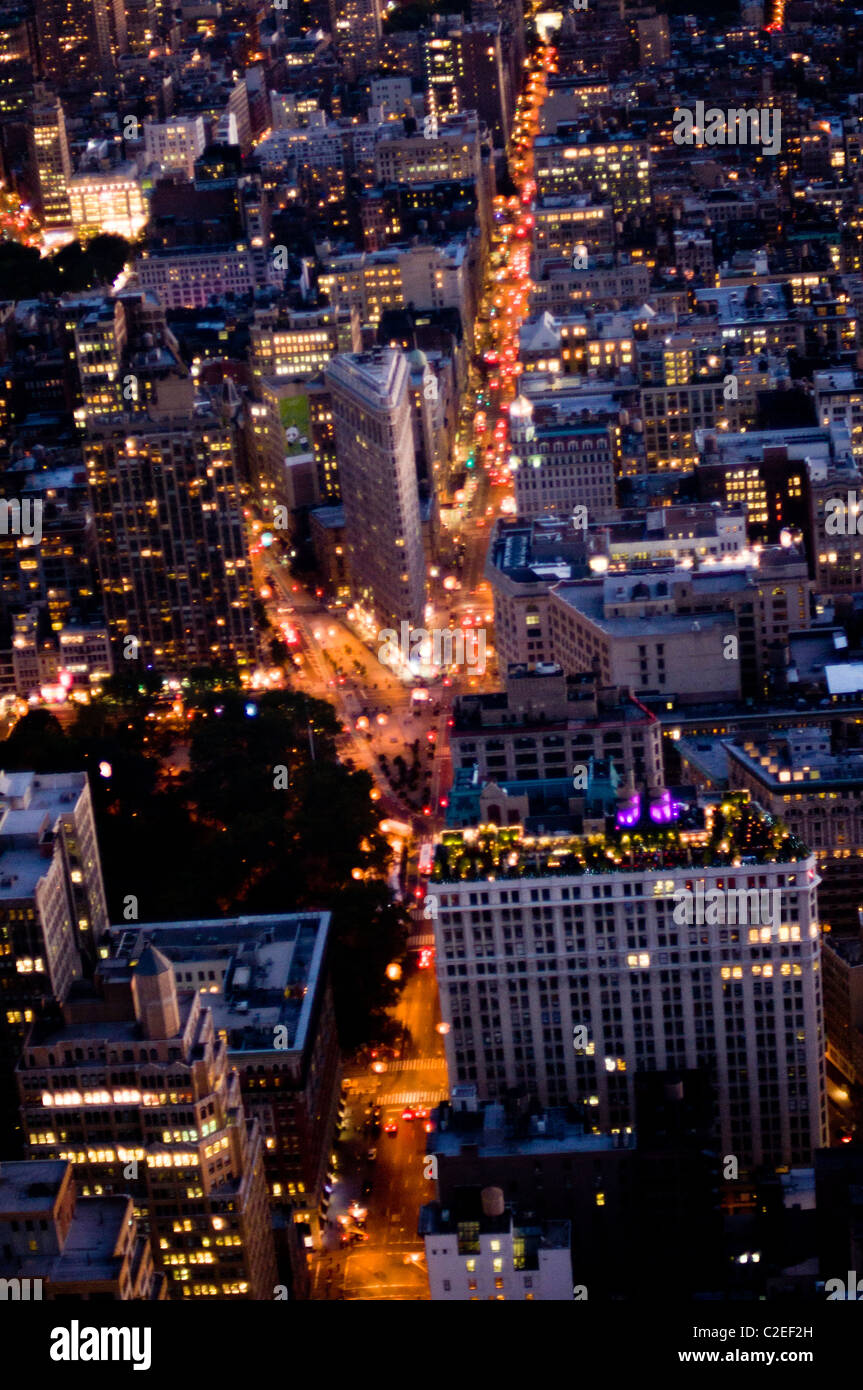 Traffic Illuminated Fifth Avenue seen from above at night, Manhattan, New York City, USA Stock Photo