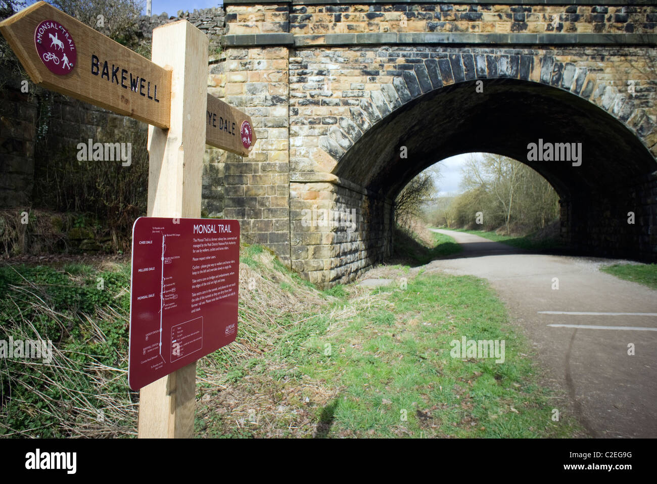 Monsal Trail at Hassop signpost Derbyshire,'Peak District',England,'Great Britain','United Kingdom',GB,UK,EU Stock Photo