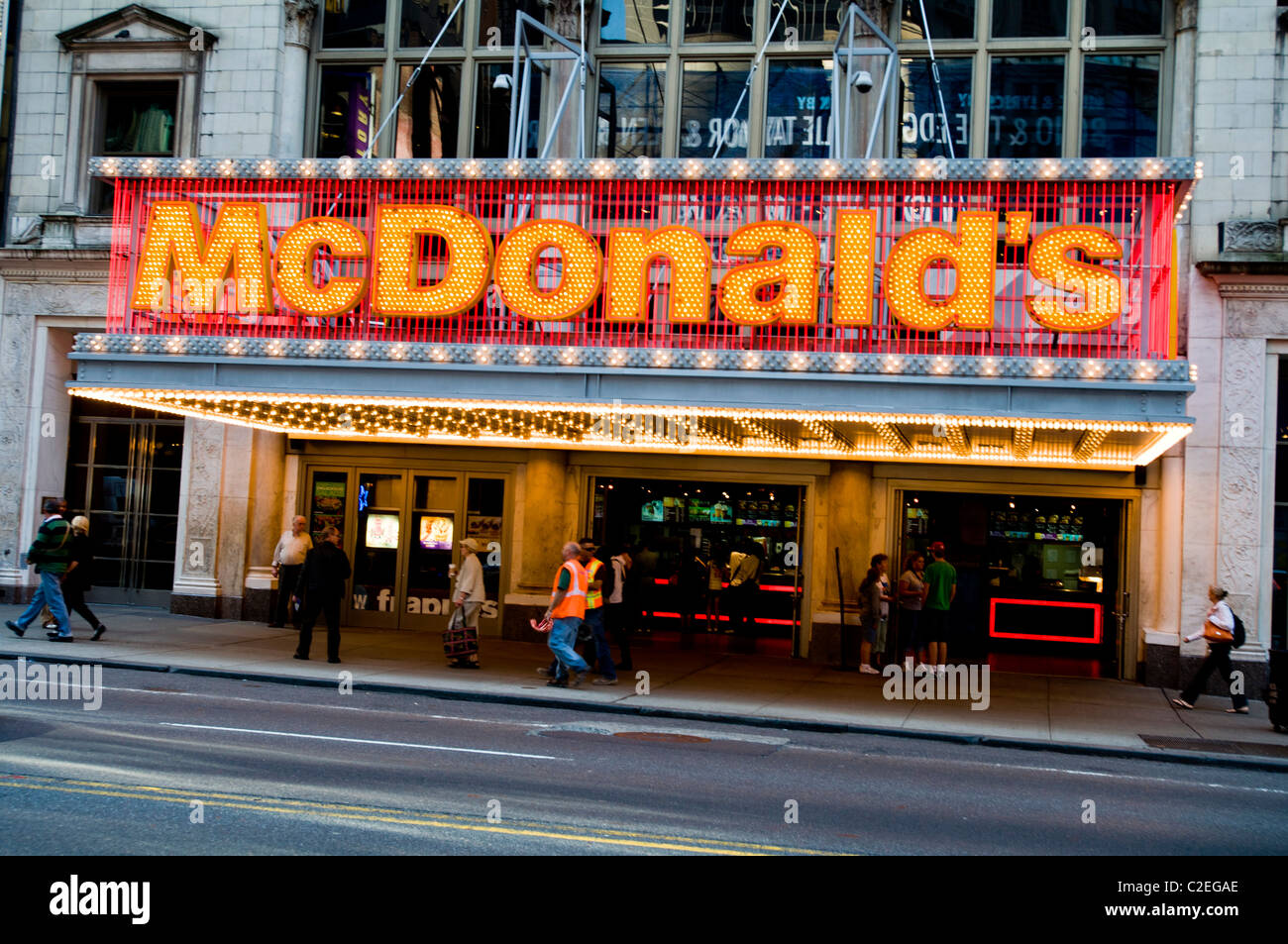 Light sign, McDonald's fast food bar, restaurant at 42nd Street, Theater District, Manhattan, New York City, USA Stock Photo