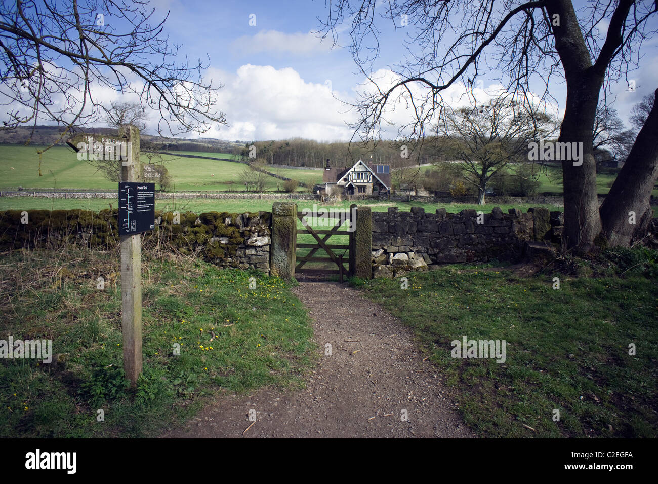 Footpath and signpost pointing to Bakewell leading off the Monsal Trail at Hassop Derbyshire,'Peak District',England Stock Photo