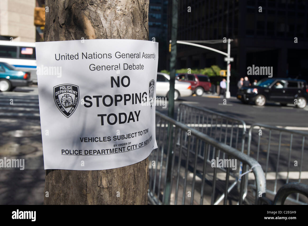 United Nations General Assembly, General Debate, No Stopping Today sign near UN headquarter, New York City, USA Stock Photo