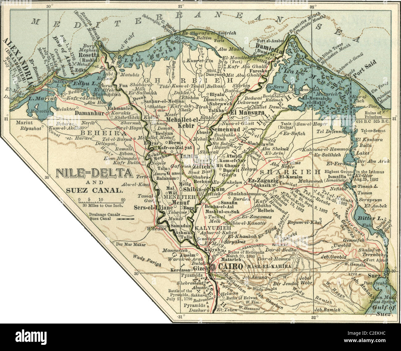 Map of the Nile Delta and Suez Canal Stock Photo