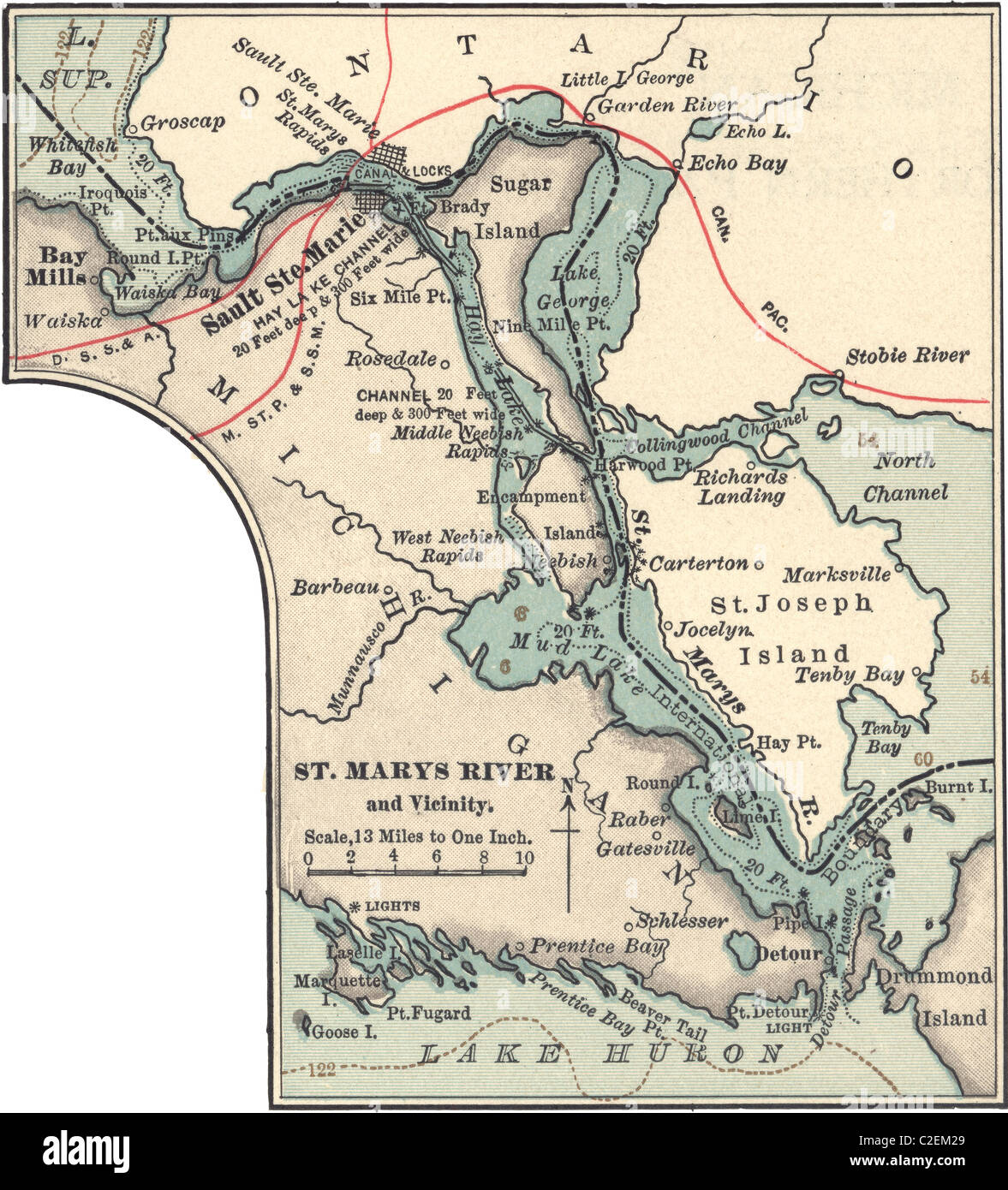 Map of St. Marys River and Sault Ste. Marie, MI Stock Photo