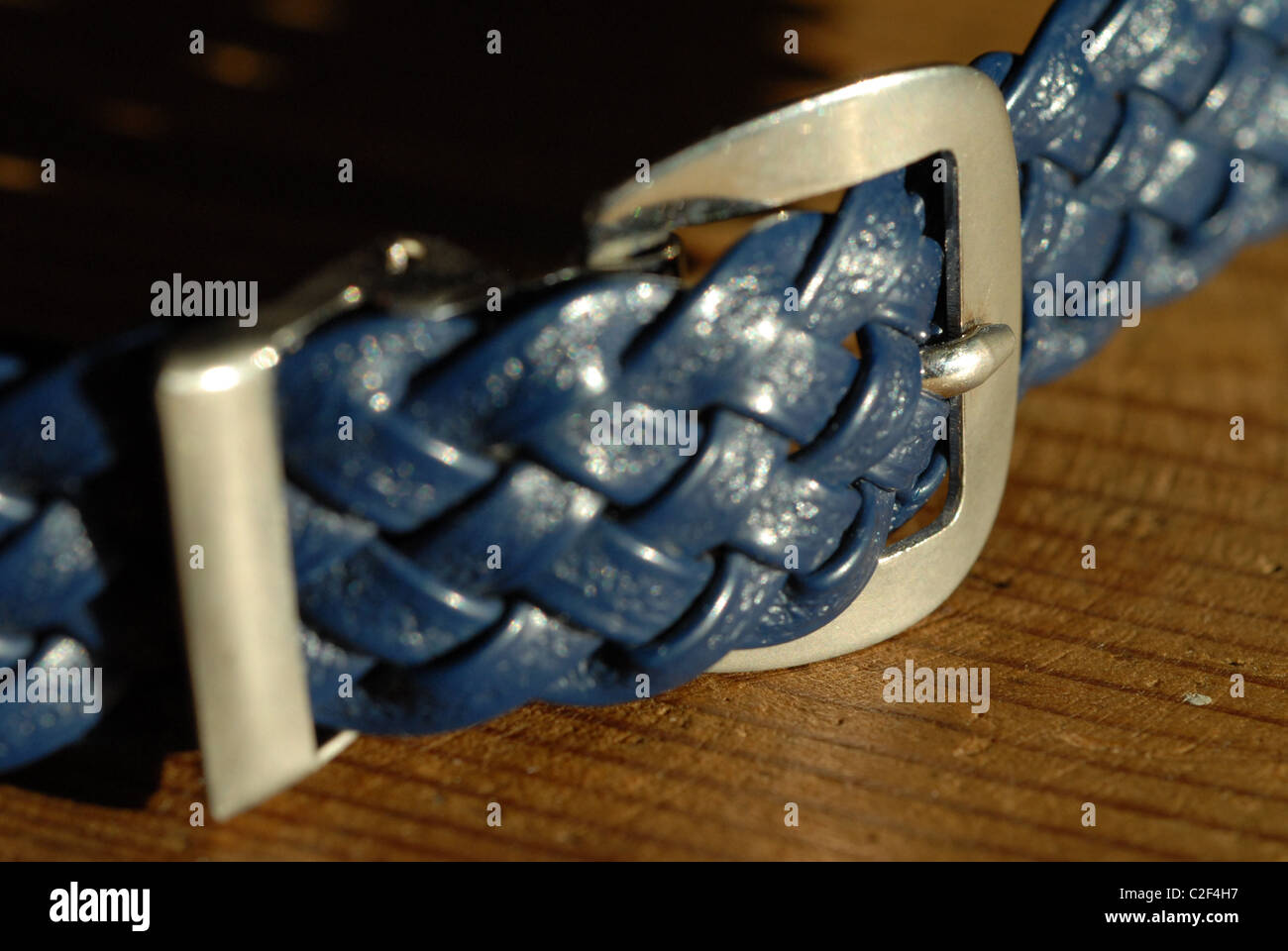 Blue belt with silver buckle. Stock Photo