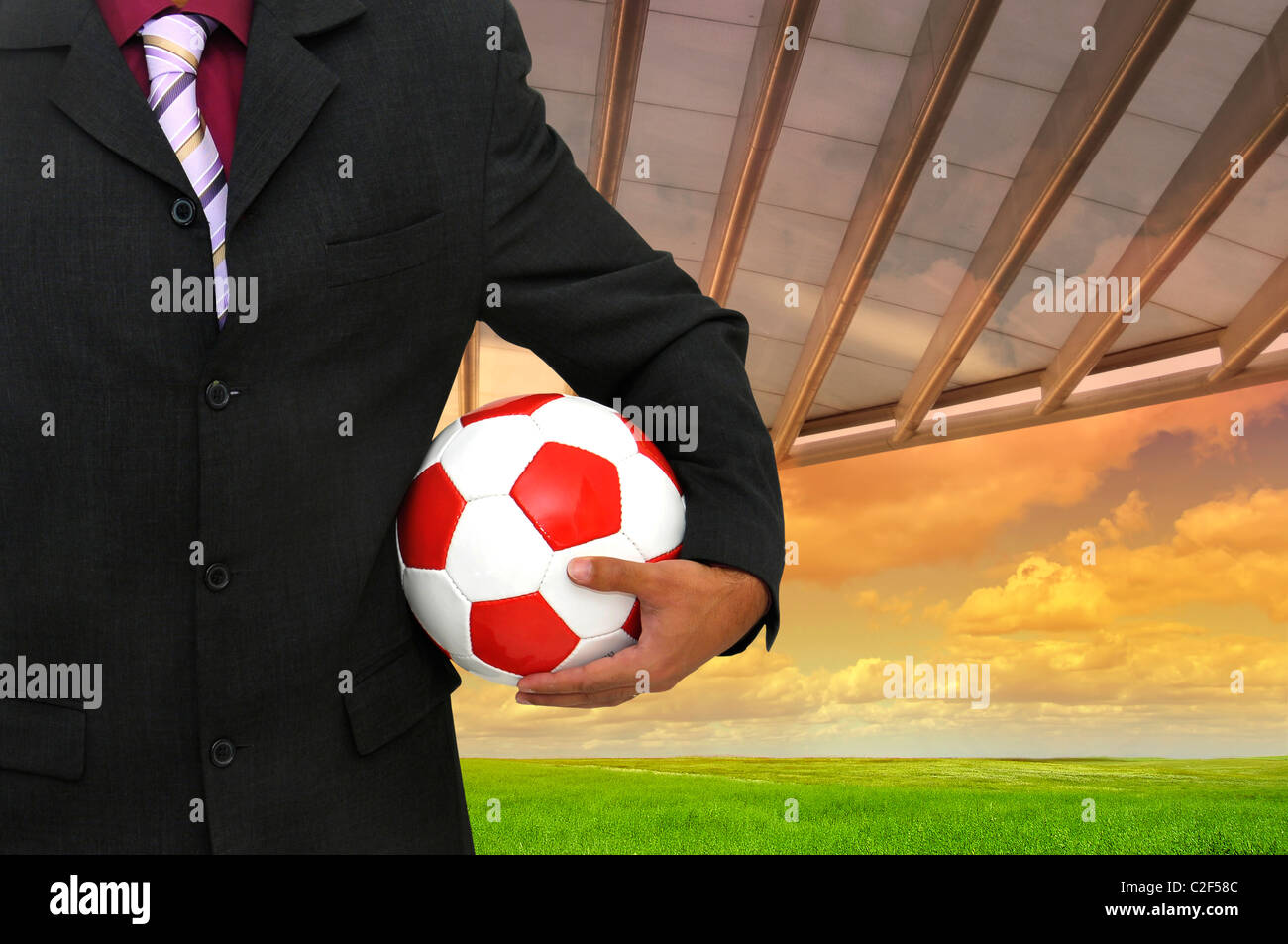 Businessman with soccer ball in a stadium like background Stock Photo ...