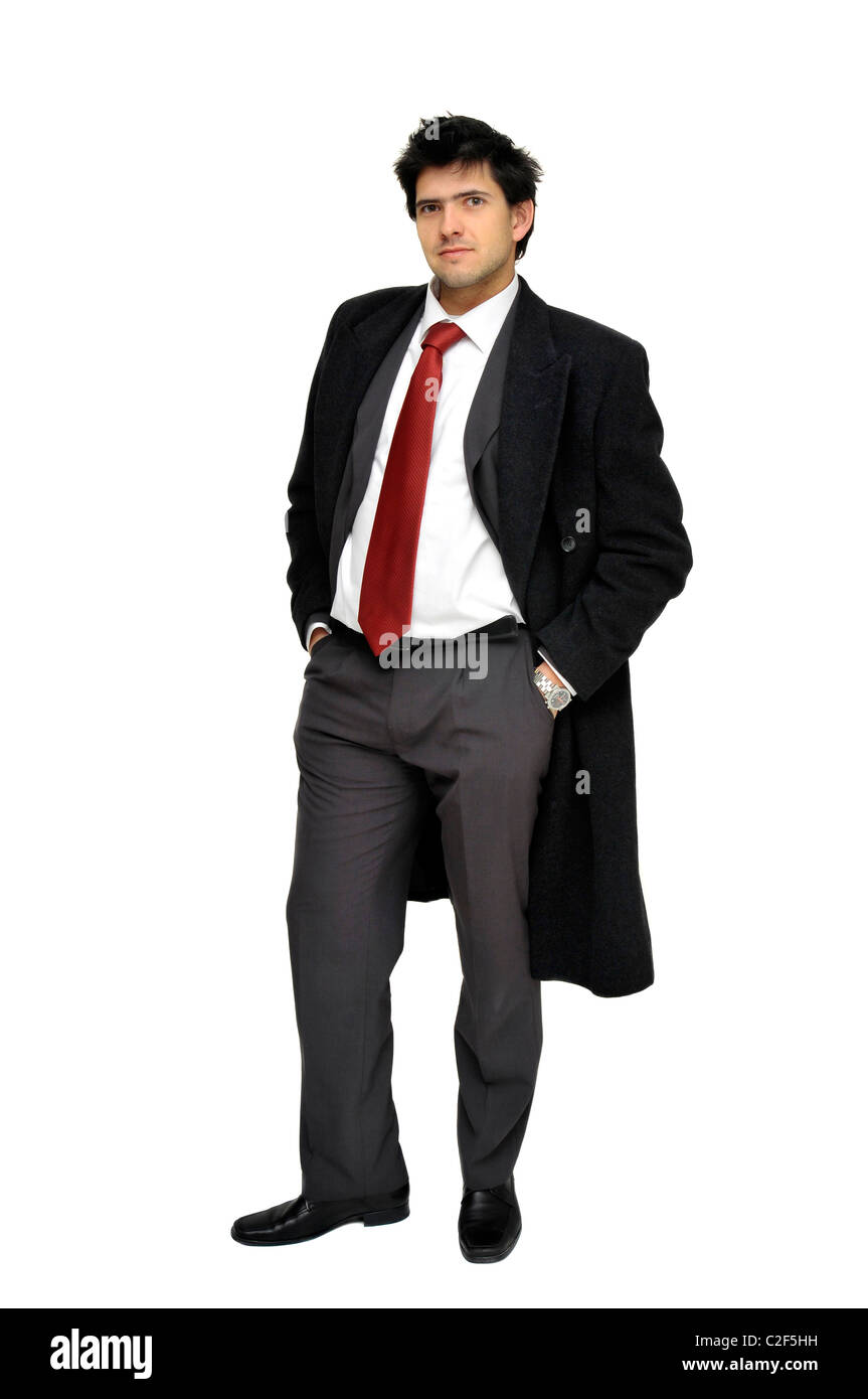 Young businessman posing with greatcoat isolated in white Stock Photo