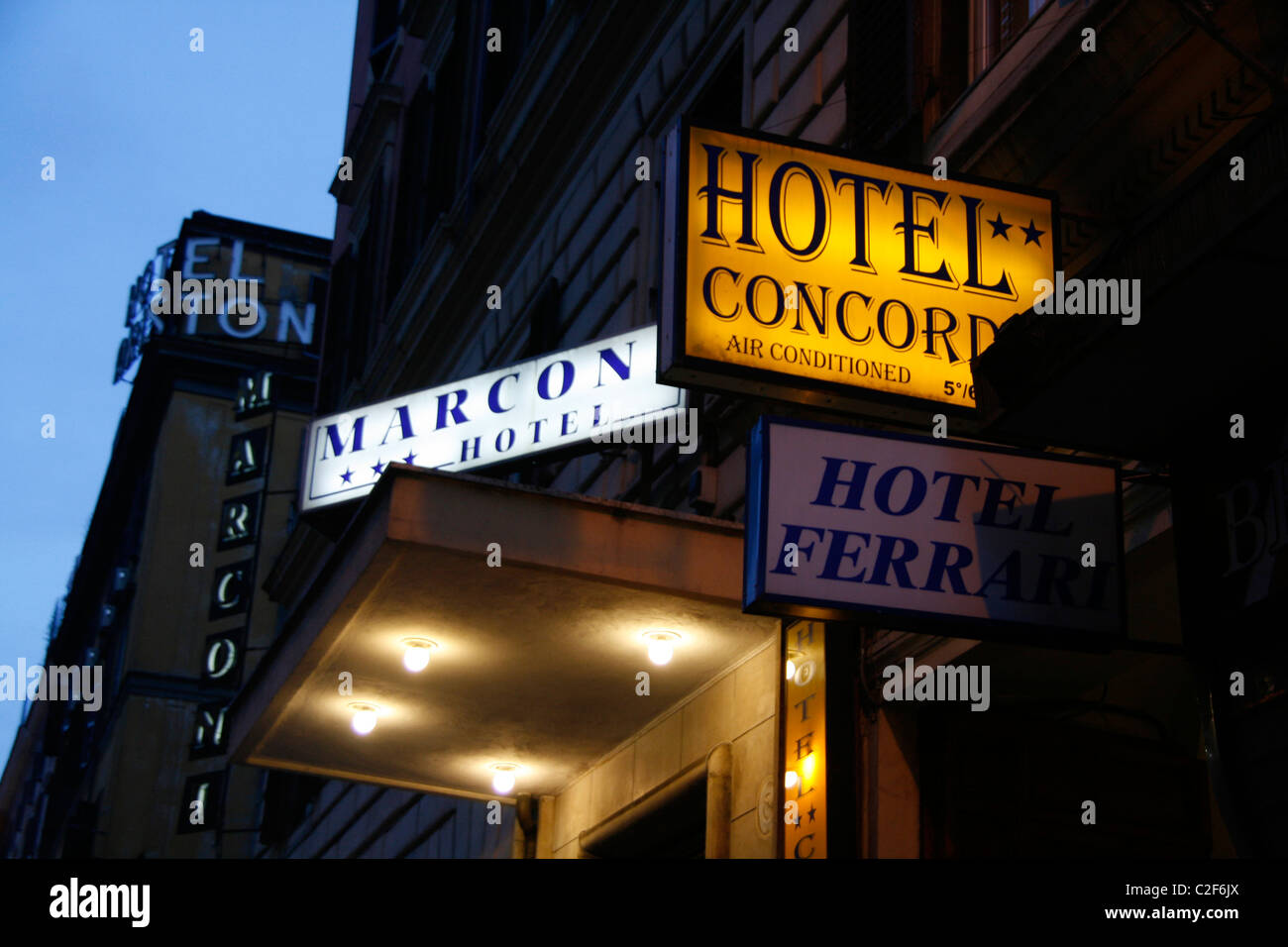 Hotel Signs At Night In The Termini District Rome Italy - 
