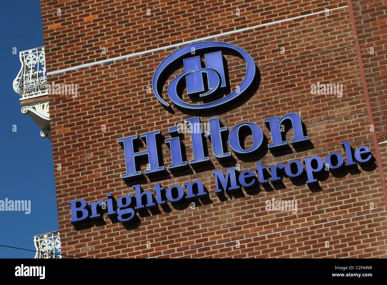 The Hilton Brighton Metropole hotel sign, Brighton, East Sussex, UK. Stock Photo