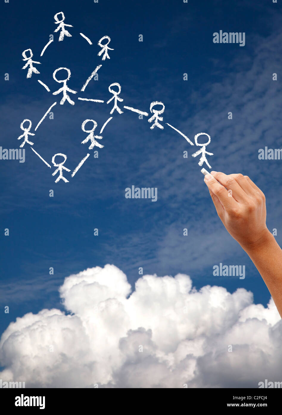 Hand drawing social network and cloud computing concept on the blue sky Stock Photo