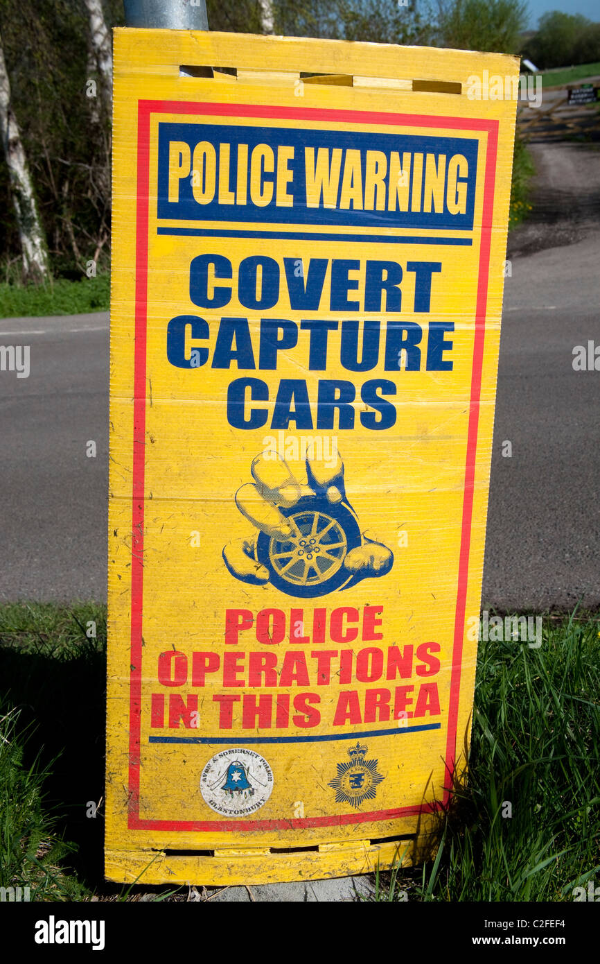 police warning sign covert capture cars on road by shapwick heath somerset levels uk Stock Photo