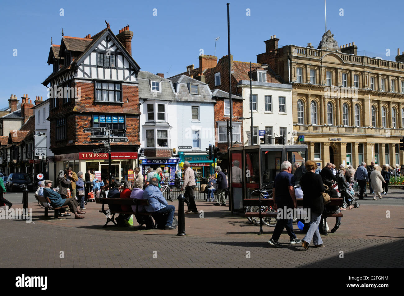 Salisbury town centre shopping area with seating for the public to relax. Wiltshire England UK Stock Photo