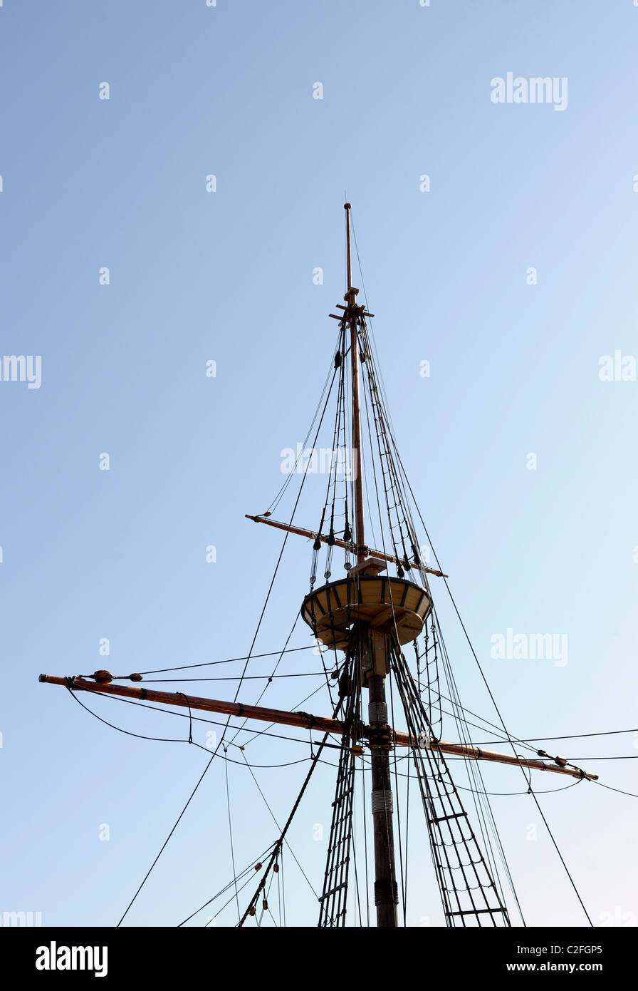 Rigging on Mayflower II, replica of the original ship that brought pilgrims to America. Stock Photo