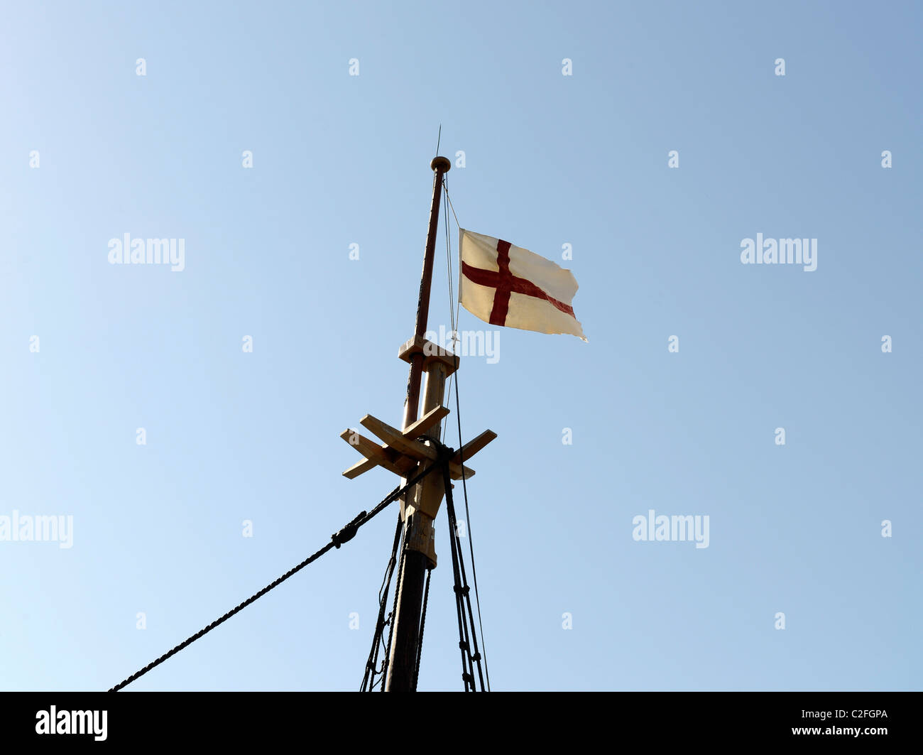 Rigging on Mayflower II, replica of the original ship that brought pilgrims to America. Stock Photo