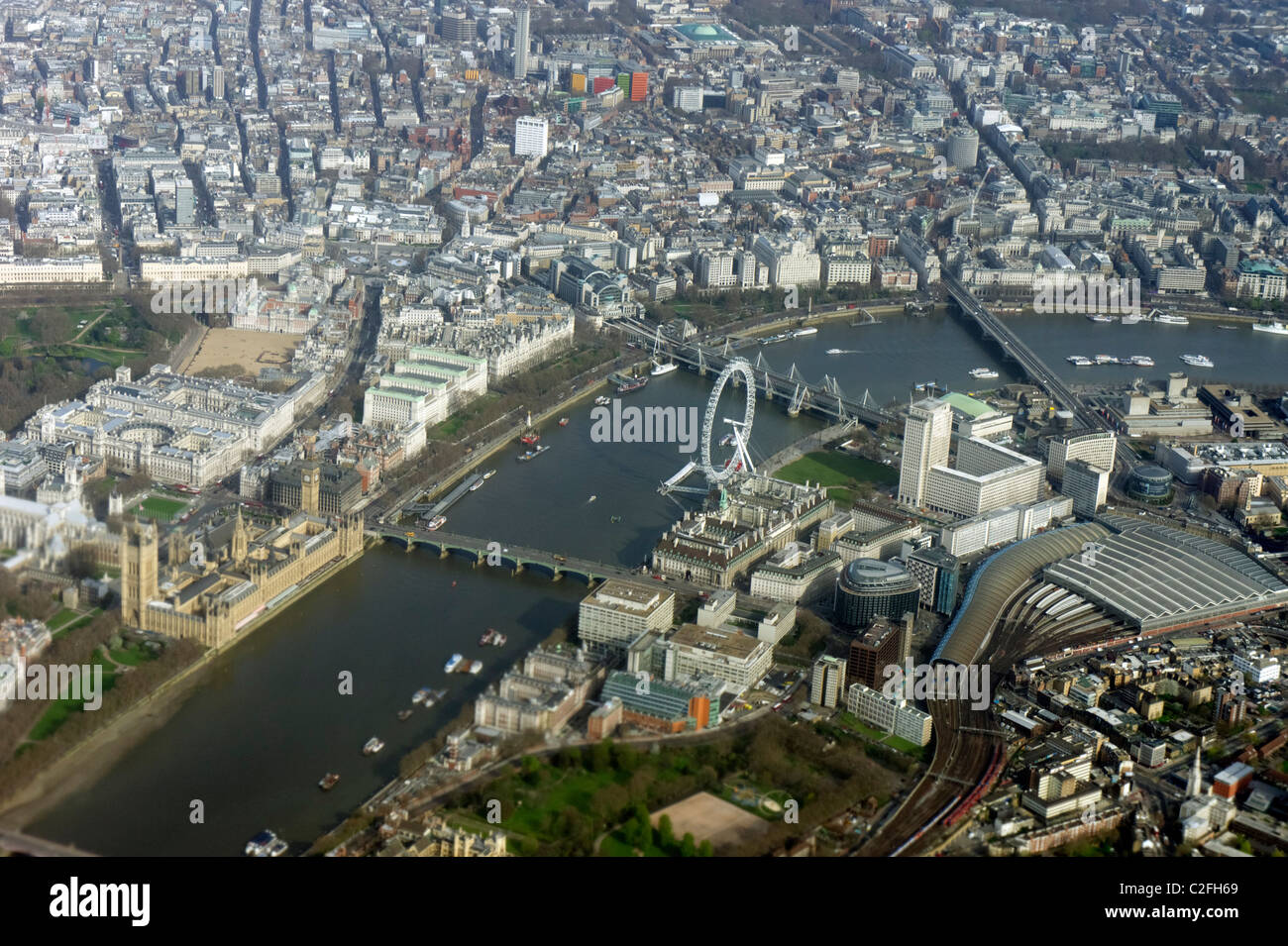 Aerial view of Waterloo station, London Eye, Big Ben and the Houses of Parliament Stock Photo