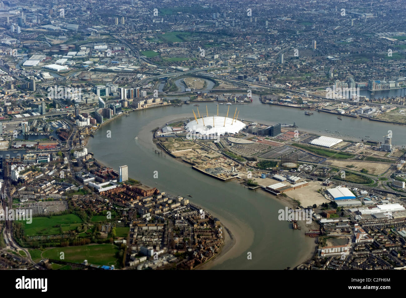 Aerial view of the O2 Concert Arena (a.k.a. Millennium Dome) and the Thames river in London, England, UK Stock Photo