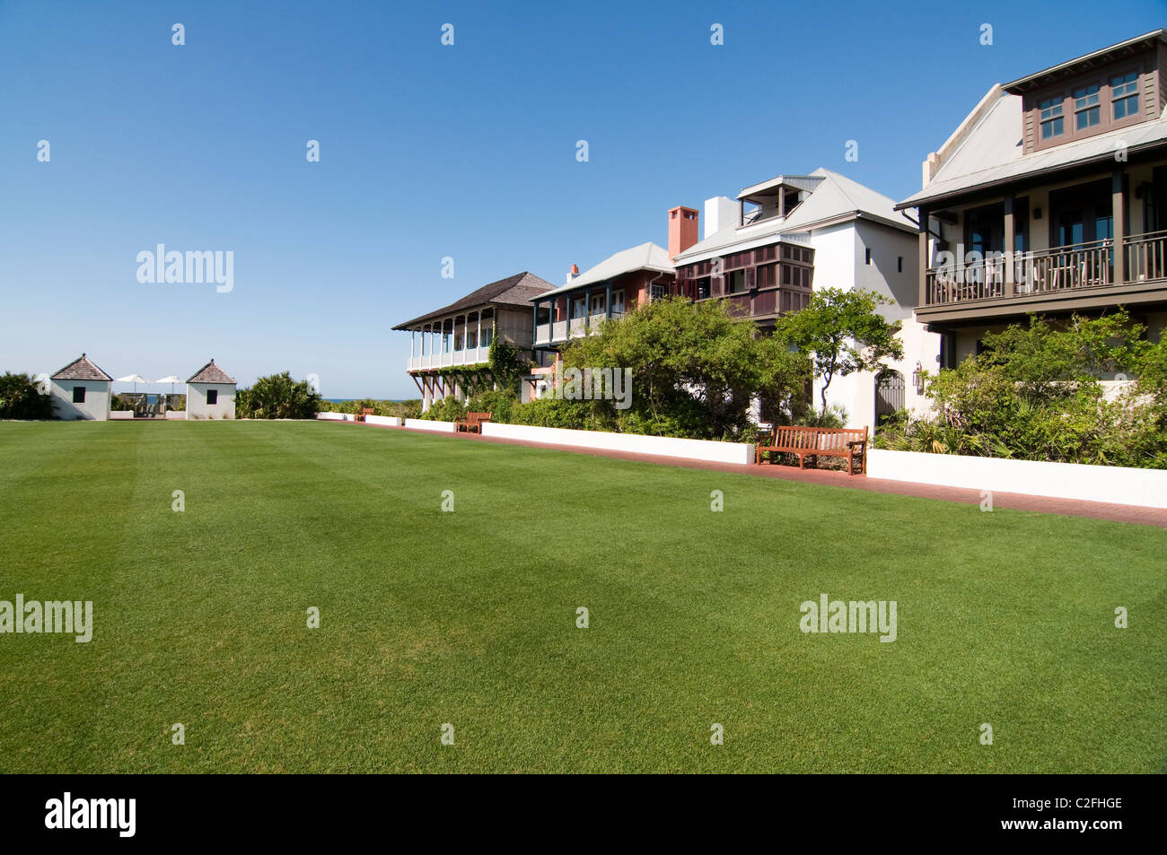 The Eastern Green of Rosemary Beach, Florida - a great place for playing frisbee as well as weddings. Stock Photo