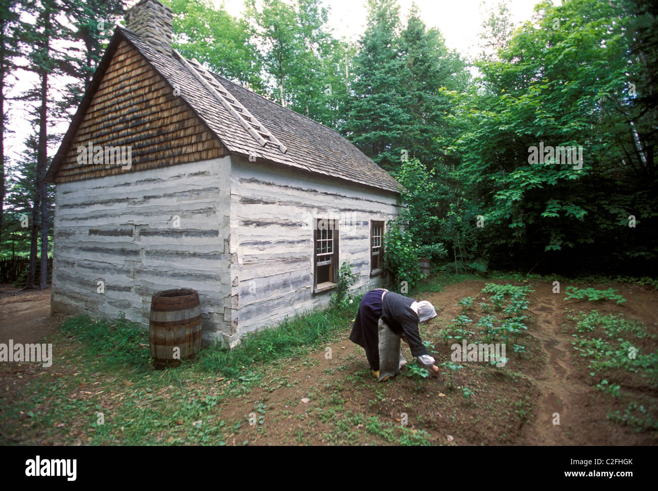 1, one, Canadian woman, weeding garden, wearing period costume, Acadian Historical Village, near town of Caraquet, New Brunswick Province, Canada Stock Photo