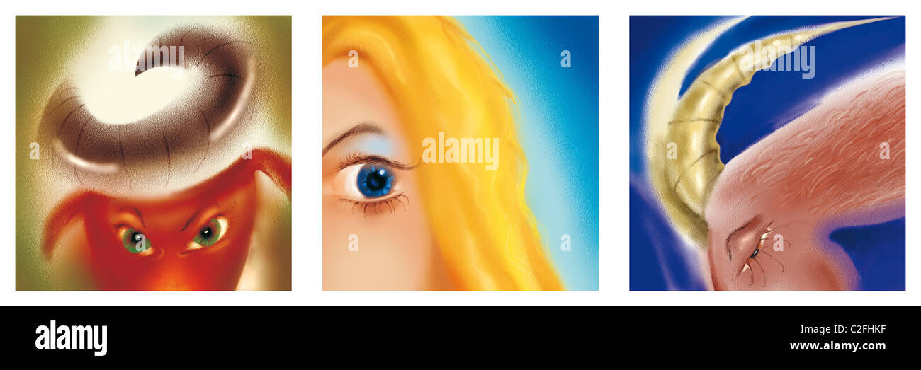 illustration of taurus, virgo and capricorn earth zodiac signs Stock