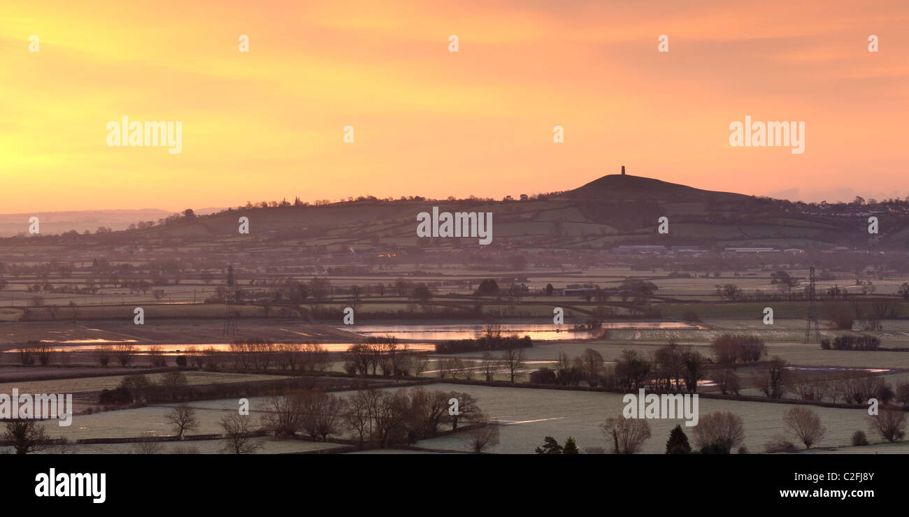 Glastonbury Tor at sunrise on a frosty winter morning Stock Photo