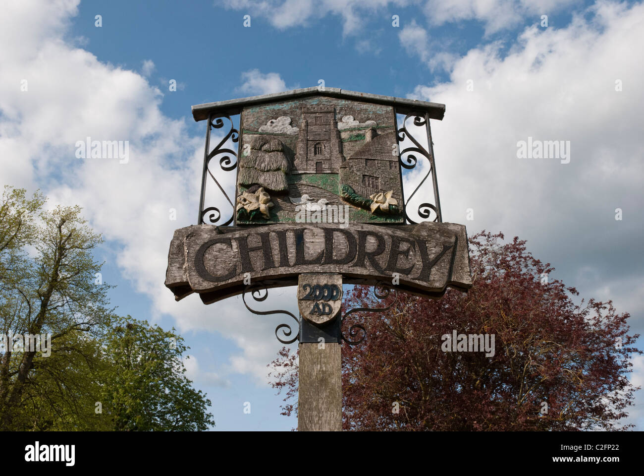 The village sign of Childrey in the Vale of the White Horse, Oxfordshire, England, UK. Stock Photo