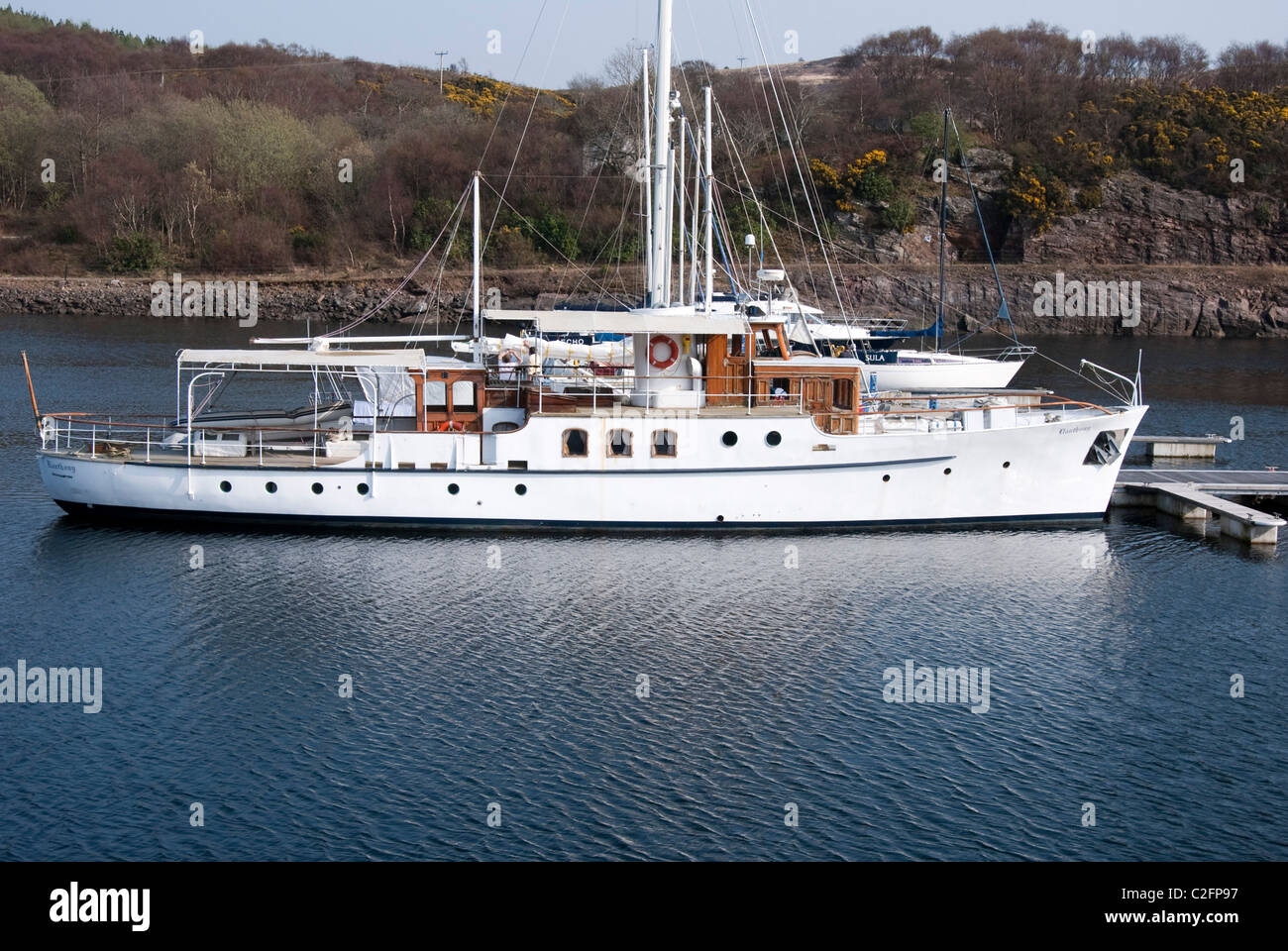 Motor Yacht Llanthony Moored at Portavadie Marina near Tighnabruaich Argyll & Bute Scotland UK United Kingdom Stock Photo