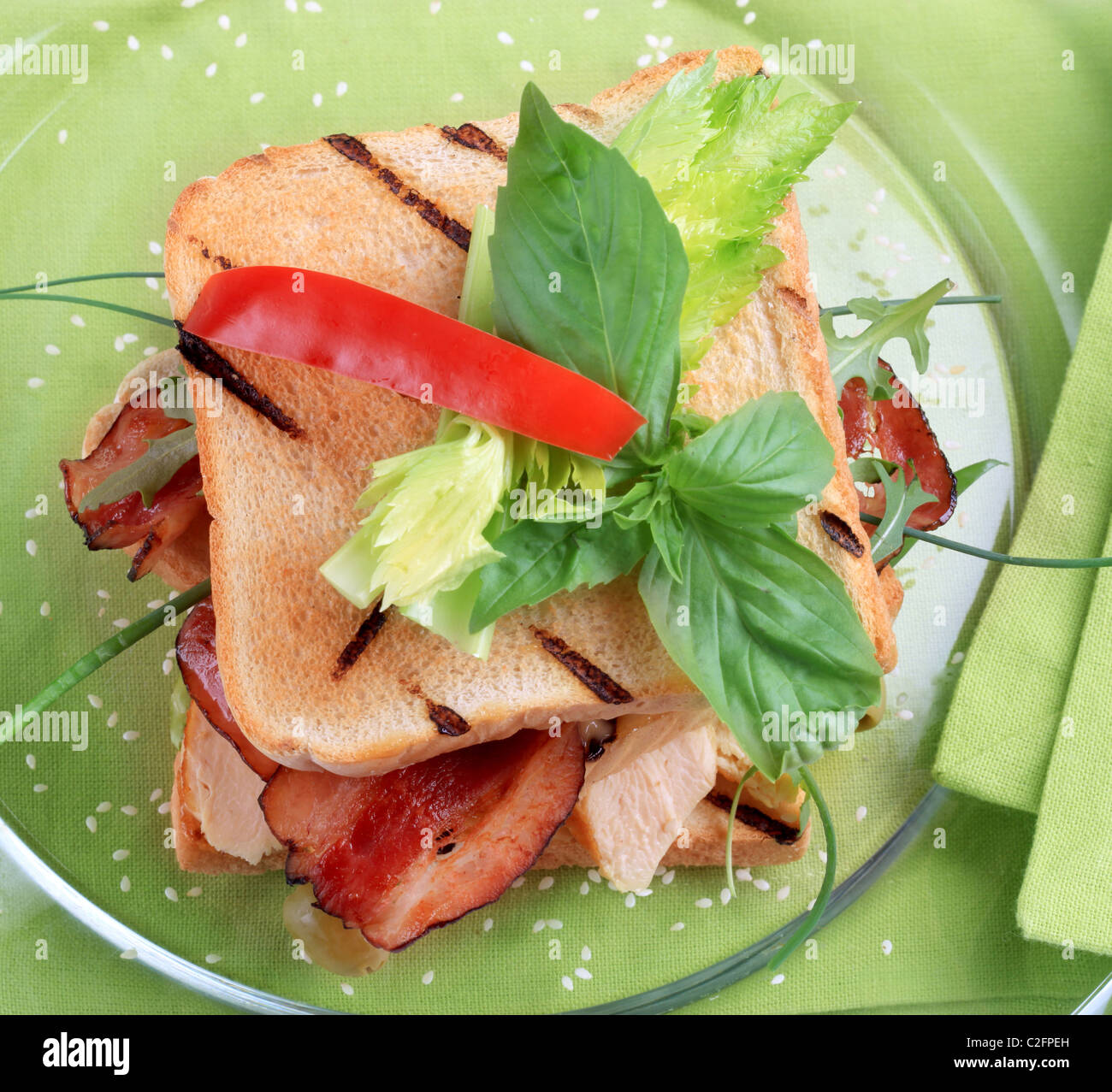 Grilled turkey and bacon sandwich overhead Stock Photo Alamy