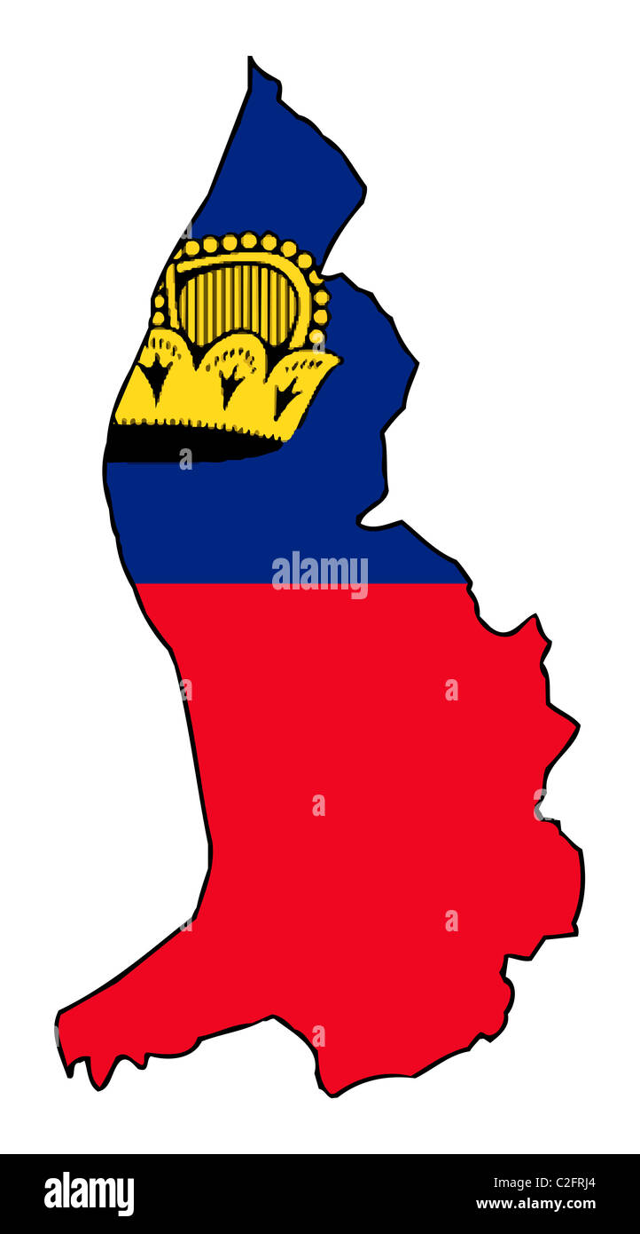 Illustration of the Liechtenstein flag on map of country; isolated on
