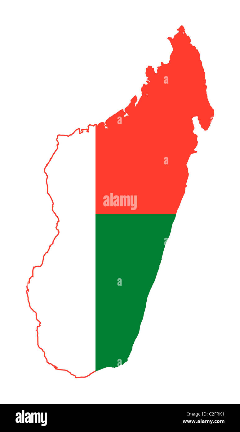 Illustration of the Madagascar flag on map of country; isolated on white background. Stock Photo