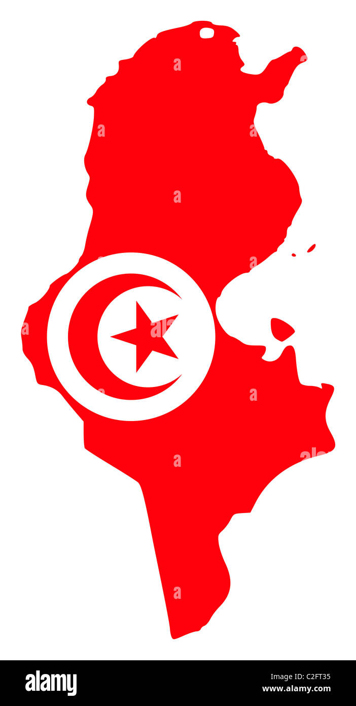 Illustration of the Tunisia flag on map of country; isolated on white background. Stock Photo