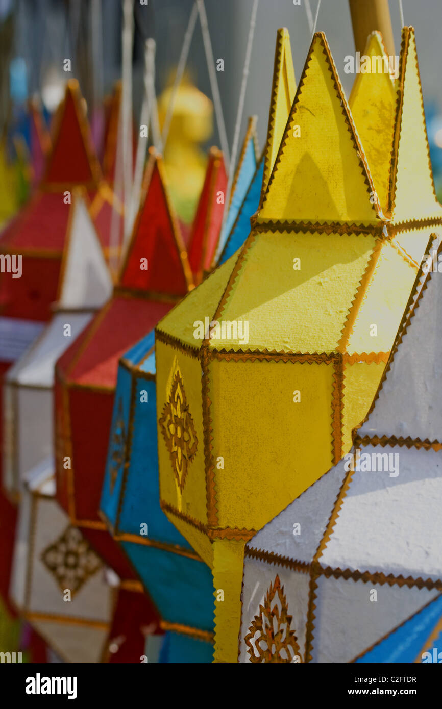 Many coloured lanterns decorate every buildings in the city of Chiang Mai during the famous festival of Loy Kratong Stock Photo