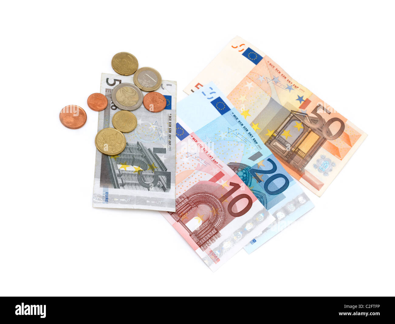Euros Banknotes And Coins 5,10,20,50 Stock Photo