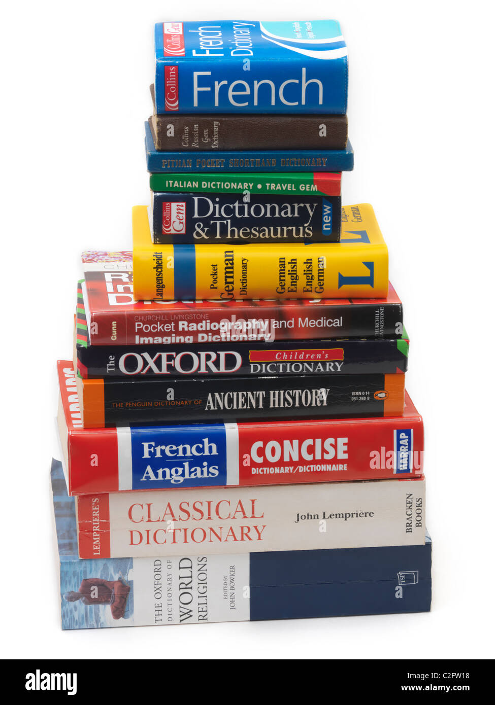A Pile Of Dictionaries English, French, German, Italian, History, Religion  And Medical Stock Photo - Alamy