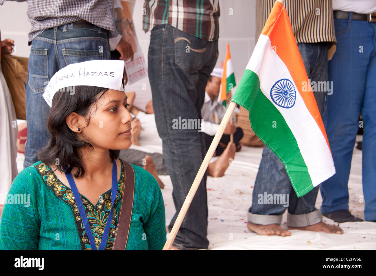 A supporter of Anna Hazare's anti corruption rally with India’s flag at Azad Maidan in Mumbai (Bombay), Maharashtra, India, Asia Stock Photo