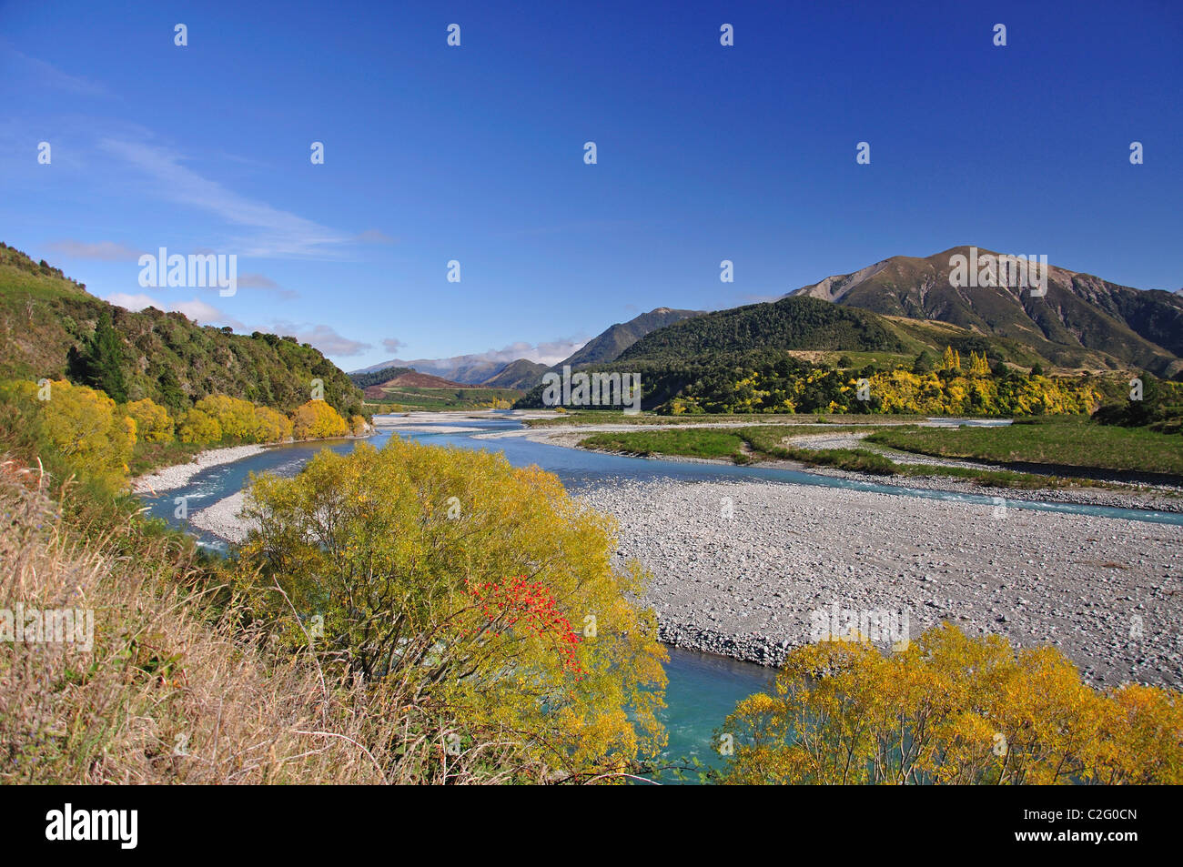 Maruia River in autumn from State Highway 7, Lewis Pass, Canterbury Region, South Island, New Zealand Stock Photo