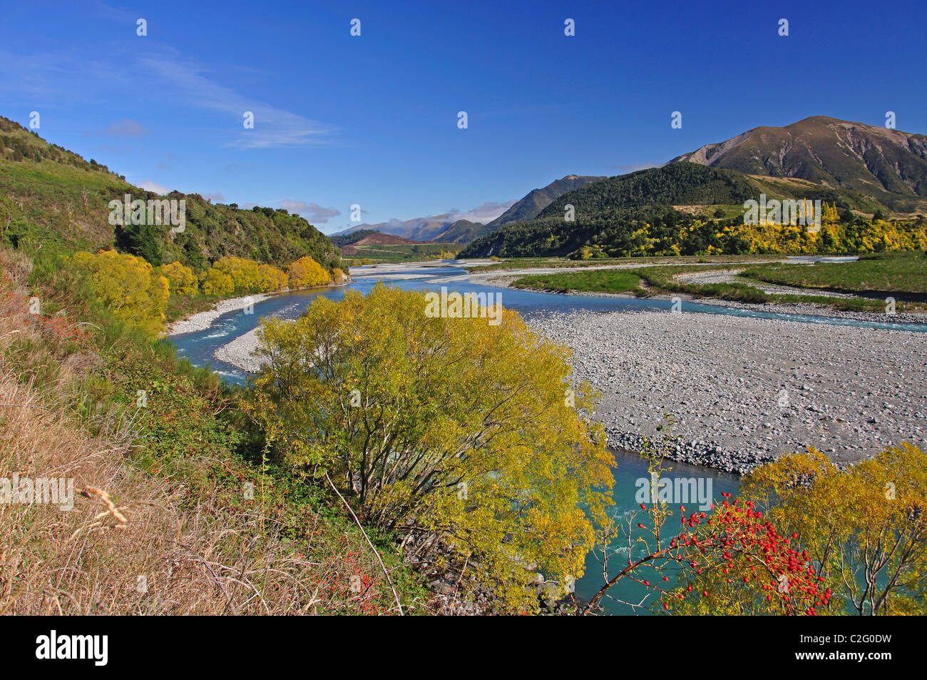 Maruia River in autumn from State Highway 7, Lewis Pass, Canterbury Region, South Island, New Zealand Stock Photo