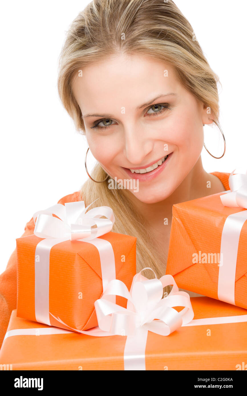 Young happy woman hold birthday present on white Stock Photo - Alamy